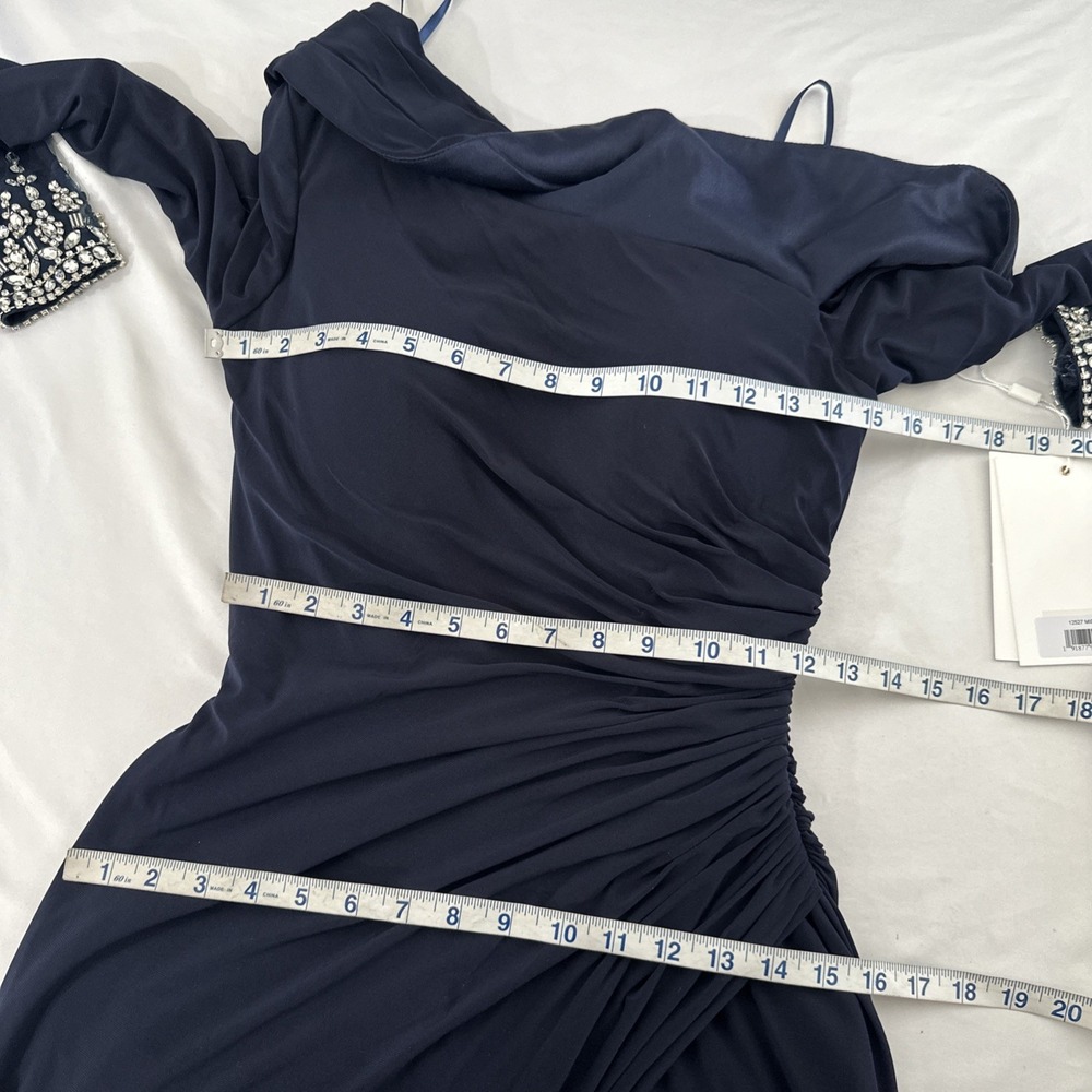 NWT $398 Mac Duggal [ 6 ] 12527 Bead Cuff Drop Shoulder Gown Midnight Blue J1697 - Picture 3 of 14